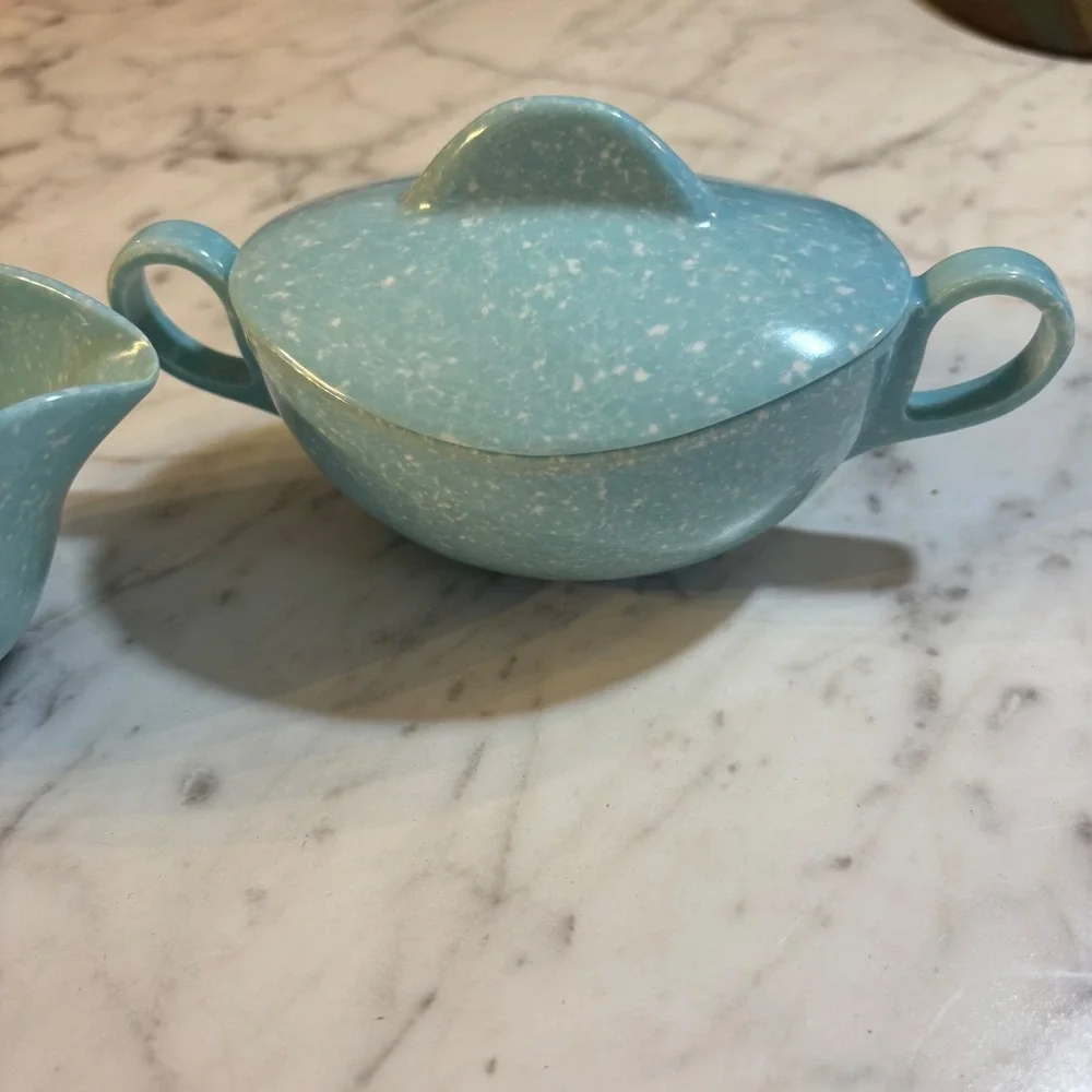 Vintage MCM Turquoise Blue Confetti Melmac Sugar Bowl and Creamer Set Speckled